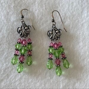 Hand Crafted 925 Silver Pink Green Beaded Chandelier Tassel Drop Earrings NEW